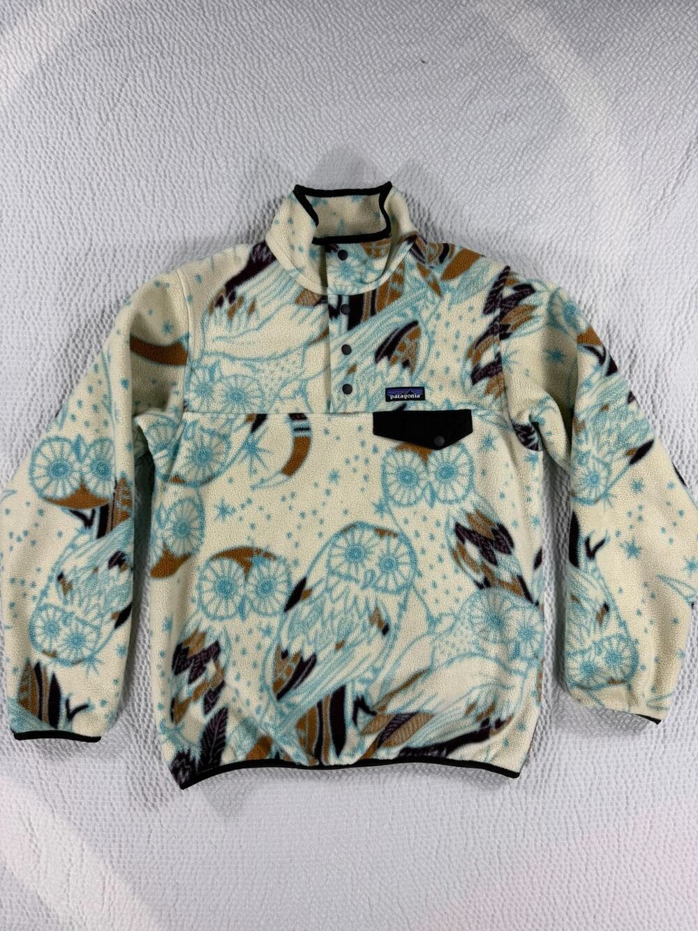 Patagonia Synchilla Womens Small Moon Owl Fleece Snap T Sweater Hiking Outdoor
